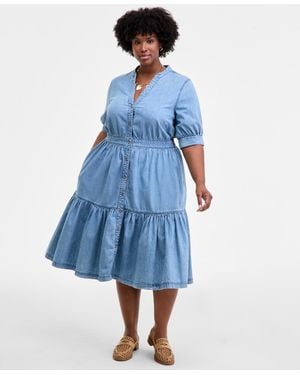 On 34th Trendy Plus Cotton Button-front Tiered Midi Dress - Blue