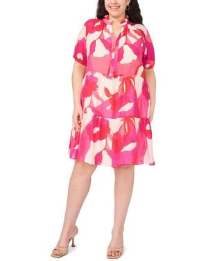 Msk Plus Size Puff-sleeve Split Crewneck Babydoll Dress - Pink