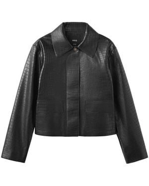 Mango Crocodile-effect Faux Leather Cropped Jacket - Black