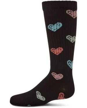 Memoi Big Girls Ribbed Cotton Blend "multi Graffiti Hearts" Knee Sock - Black