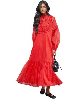 Warehouse Crinkle Stripe Frill Midi Dress - Red