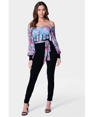 Bebe Printed Mesh Off Shoulder Catsuit - Blue