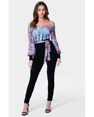 Bebe Printed Mesh Off Shoulder Catsuit - Blue