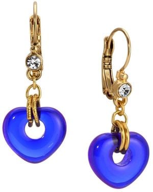 2028 Gold Tone Glass Heart Drop Earrings - Blue