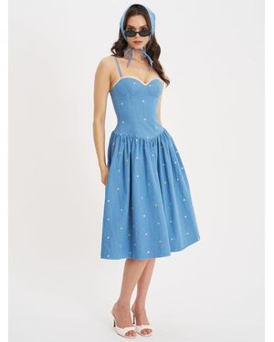 Miss Circle Zadie Cotton Denim Drop Waist Embroidery Flower Midi Dress - Blue