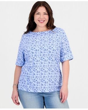 Style & Co. Printed Boat-neck Elbow-sleeve Top - Blue