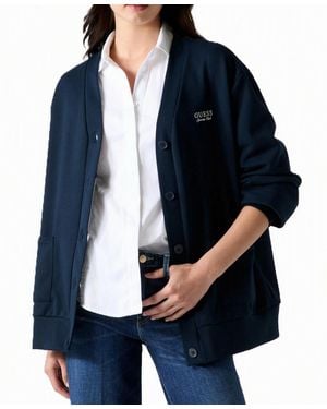 Guess Phoebe Oversized Embroidered Logo Cotton-blend Cardigan Sweater - Blue