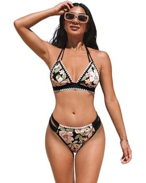 CUPSHE Boho Shell Stitch Halter Bikini Top & Cheeky Bottoms Set - Multicolor