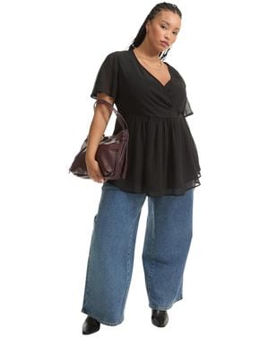 June + Vie June + Vie Plus Size Faux Wrap Fit-and-flare Top - Black