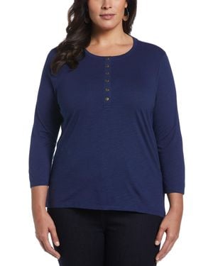 ELLA rafaella Plus Size Cotton 3/4 Sleeve Henley Top - Blue
