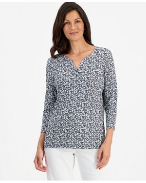 Style & Co. Printed 3/4-sleeve Henley Top - Blue