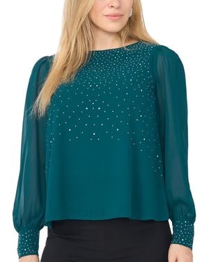 Msk Petite Rhinestone-embellished Long-sleeve Blouse - Green