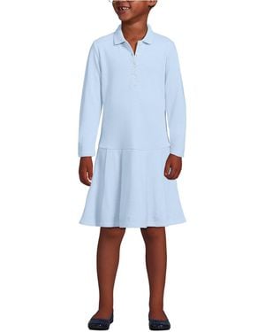 Lands' End School Uniform Girls Long Sleeve Mesh Pleated Polo Dress - Blue