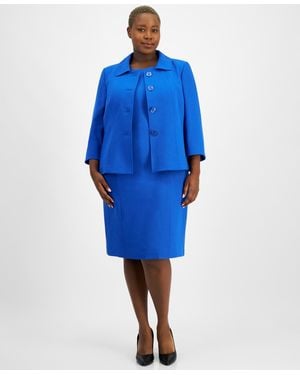 Le Suit Plus Size Button-front Boxy Jacket & Sheath Dress Set - Blue