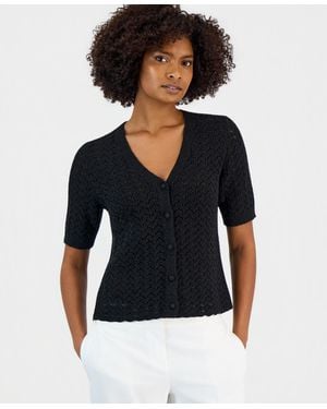 Kasper Petite V-neck Button-front Sweater - Black