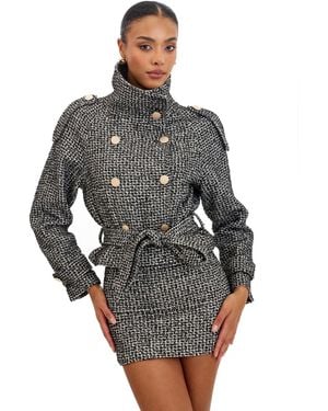 Miss Circle Sadie Tweed High Collar Belted Mini Jacket - Gray