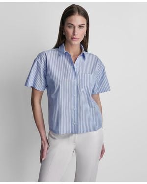 DKNY Short-sleeve Striped Poplin Button-front Shirt - Blue