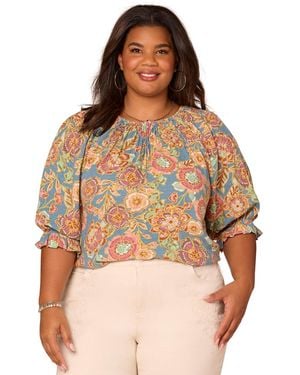 Democracy Plus Size Elbow-sleeve Scoop Neck Top - Brown