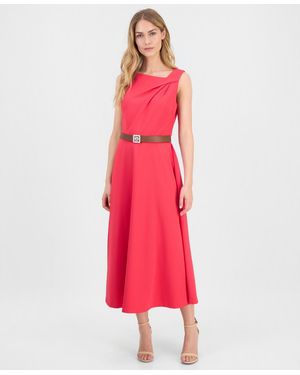 Anne Klein Asymmetric-neck Belted Midi Dress - Pink