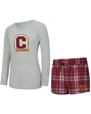 Concepts Sport Heather Gray/burgundy Washington Commanders Regulate Plaid Long-sleeve T-shirt And Shorts Sleep Set - White
