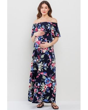 Hello Miss Maternity Off-shoulder Ruffled Maxi Dress - Blue