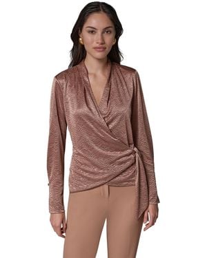 Donna Karan Long-sleeve Crinkled V-neck Blouse - Brown