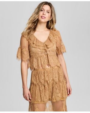 And Now This Lace Short-sleeve V-neck Ruffle Woven Top - Natural