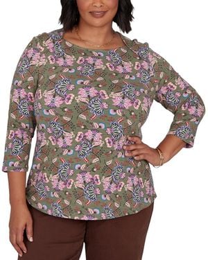 Ruby Rd. Plus Size Knt Garden Square Neck 3/4-sleeve Floral Cotton-blend T-shirt - Gray