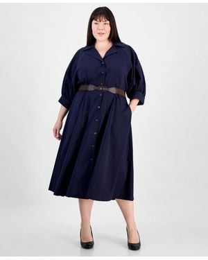 Sandra Darren Plus Size Button-down 3/4-sleeve Belted Dress - Blue