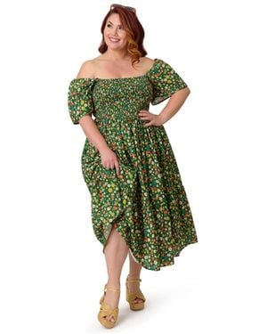 Unique Vintage Plus Size Smocked Bodice Midi Dress - Green