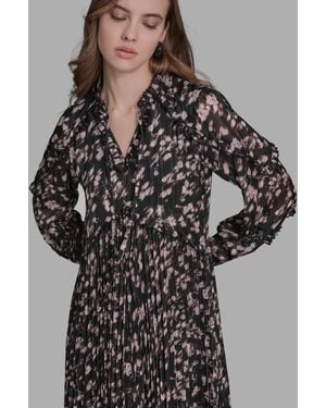 BCBGMAXAZRIA Long Sleeve Crinkle Empire Waist Dress - Black