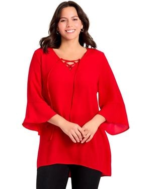 Avenue Plus Size V-neck Lace-up Bell Sleeve Tunic - Red