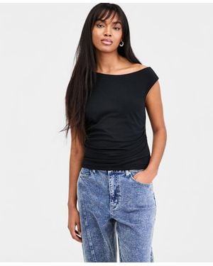 BarIII Ruched Boat-neck Top - Blue