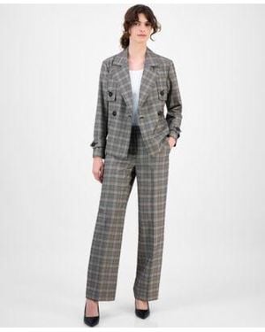 Anne Klein Plaid Belted Button Front Trench Jacket Plaid Wide Leg Mid Rise Pants - Gray