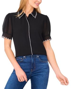Cece Scallop Contrast Trim Button Up Top - Black