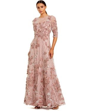 Mac Duggal Petite 3/4 Sleeve High Neck Embroidered A Line Gown - Pink