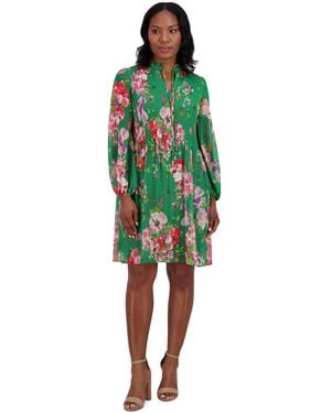 Jessica Howard Petite Chiffon Pleated Floral-print Dress - Green
