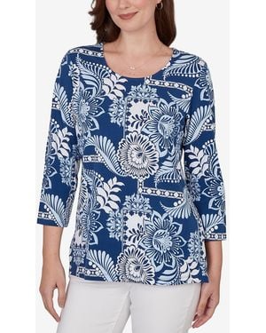 Ruby Rd. Petite Tropical Patchwork Scoop Neck Knit Top - Blue