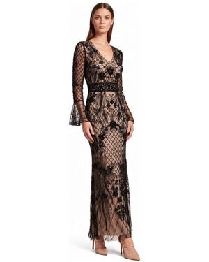 Lara Bell-sleeve Beaded V-neck Gown - Brown