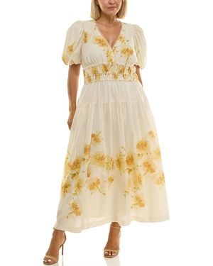 Taylor Plus Size Puff Sleeve Placement Print Maxi Dress - Yellow