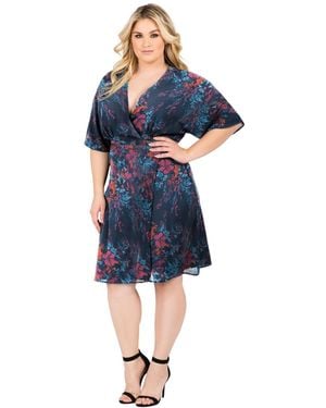 Standards & Practices Plus Size Floral-print V-neck Kimono Wrap Midi Dress - Blue
