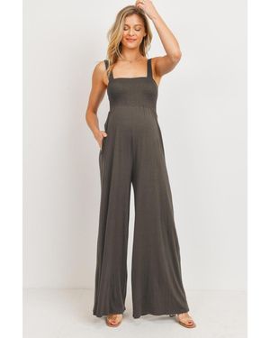 Hello Miss Maternity Sleeveless Smocked Bodice Wide-leg Jumpsuit - Brown
