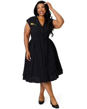 Unique Vintage Plus Size Cafe Cap-sleeve V-neck Swing Dress - Black
