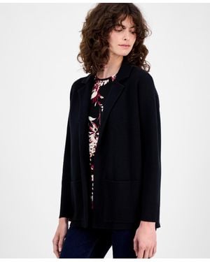 Anne Klein Petite Long-sleeve Notched-collar Sweater - Black