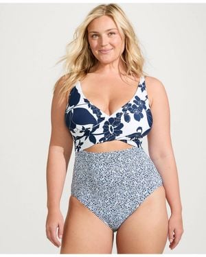 Lands' End Plus Size Wrap Monokini High Leg One Piece Swimsuit - Blue