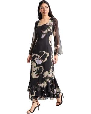 Warehouse Printed Scoop Neck Ruffle Hem Midi Dress - White