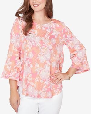 Ruby Rd. Plus Size Floral Puff Print Ruffle Knit Top - Pink