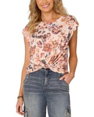 Democracy Knot Hem Cap Sleeve Printed Knit Top Pxs Xl - Blue