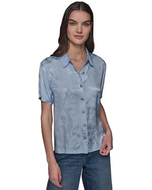 売れ筋商品|||カールラガーフェルド カットソー トップス レディース Women's Geometric-Print Short Sleeve Button-Front Top Black & Soft White Karl Lagerfeld Short-sleeve tops for Women | Online Sale up