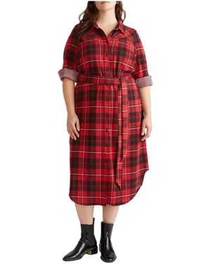 UNIVERSAL STANDARD Morgan Belted Stretch Flannel Shirtdress - Red